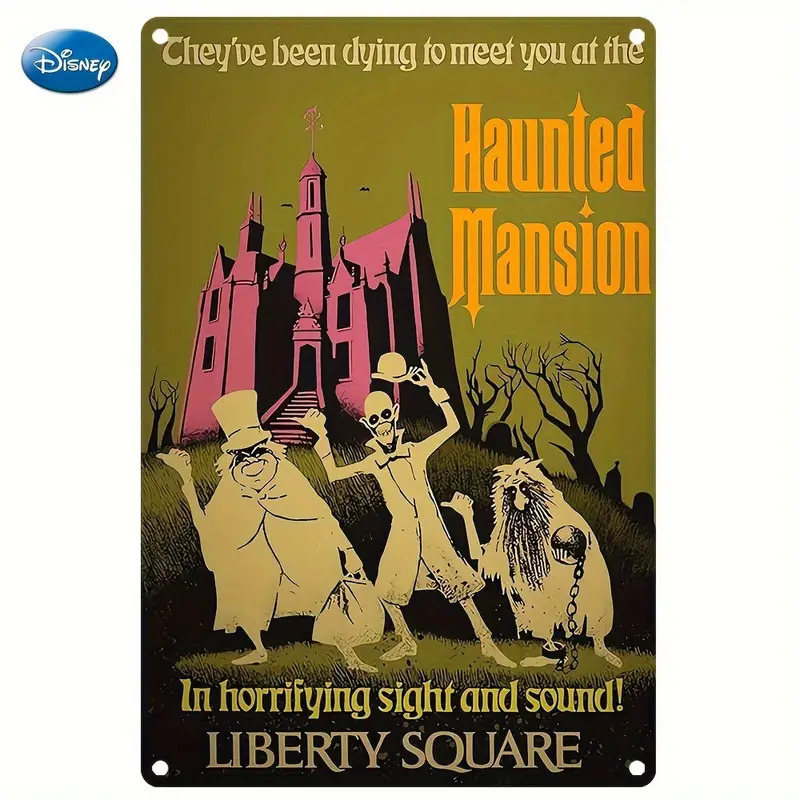 Retro Disney Haunted Mansion ride poster with pink mansion silhouette and ghost figures on dark background