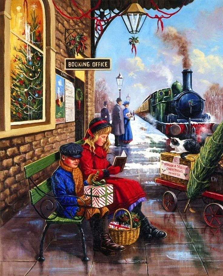 Two children with Christmas gifts at a snowy Victorian train station, steam train arriving in background