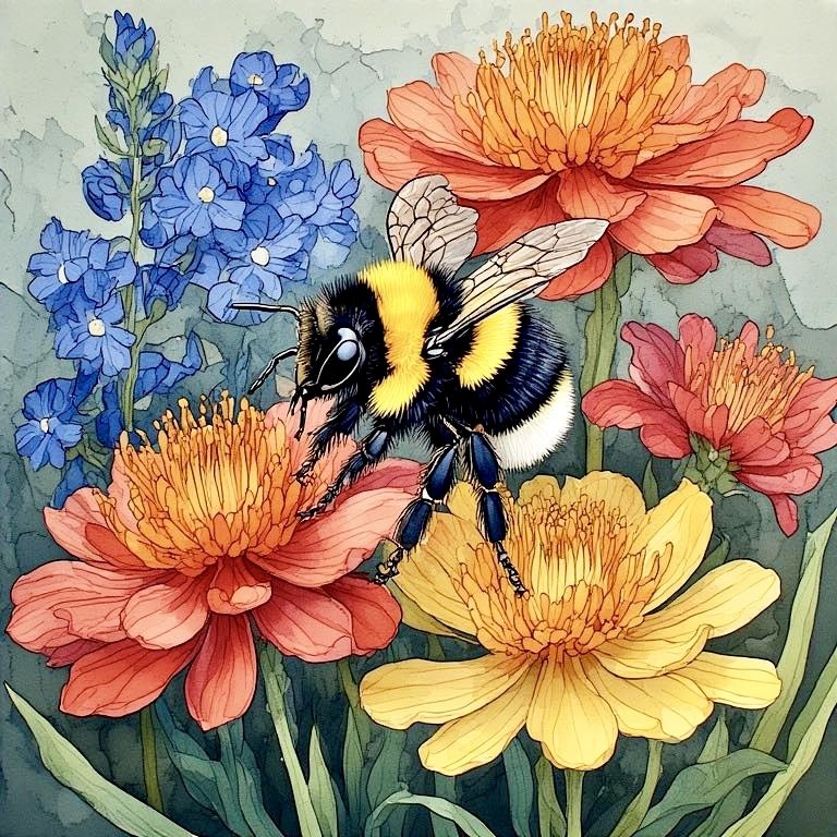 Bumblebee on colorful flowers including blue, coral, and yellow blossoms