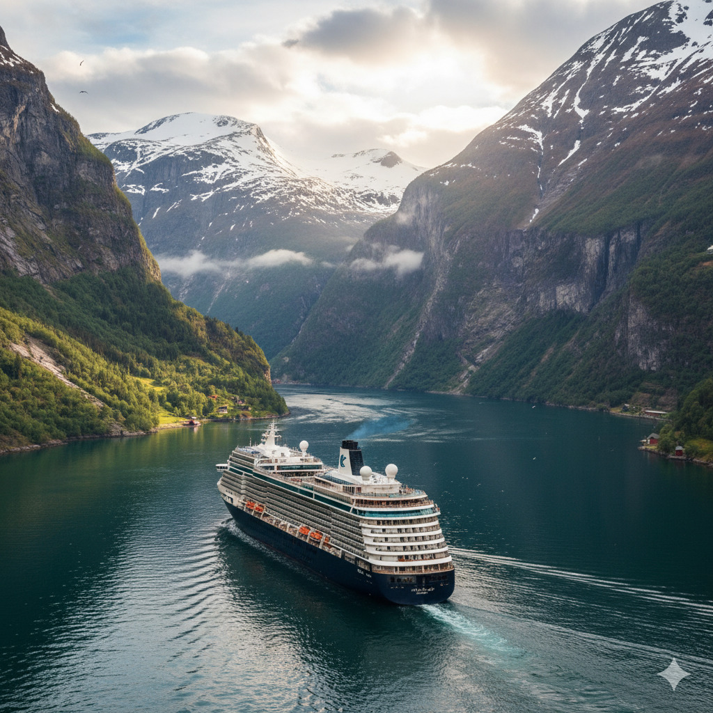 Cruise ship sailing through a mountain fjord with snow-capped peaks