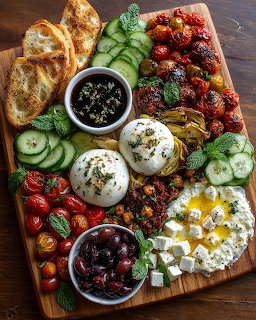 Mediterranean appetizer board with cheese, vegetables, olives, tomatoes, bread and herbs on wooden platter