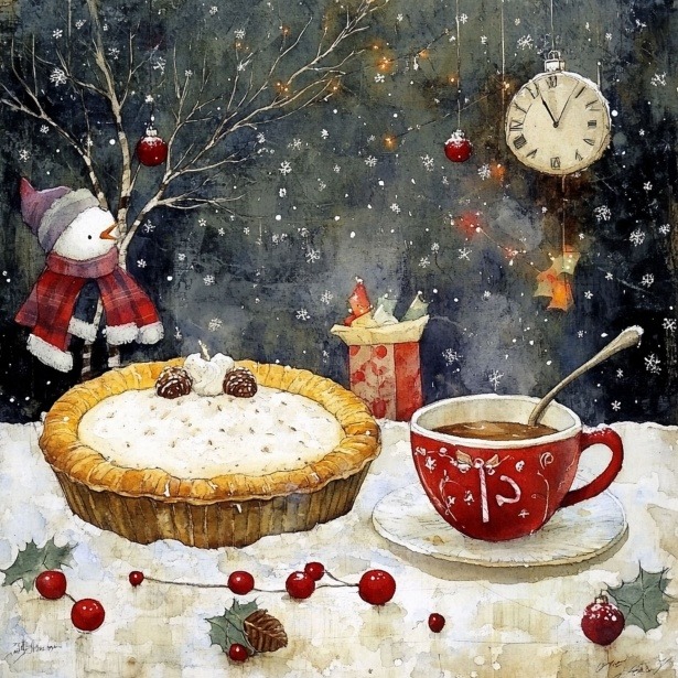 Christmas scene with frosted pie, red mug, snowman, decorated tree, clock showing midnight, and falling snow