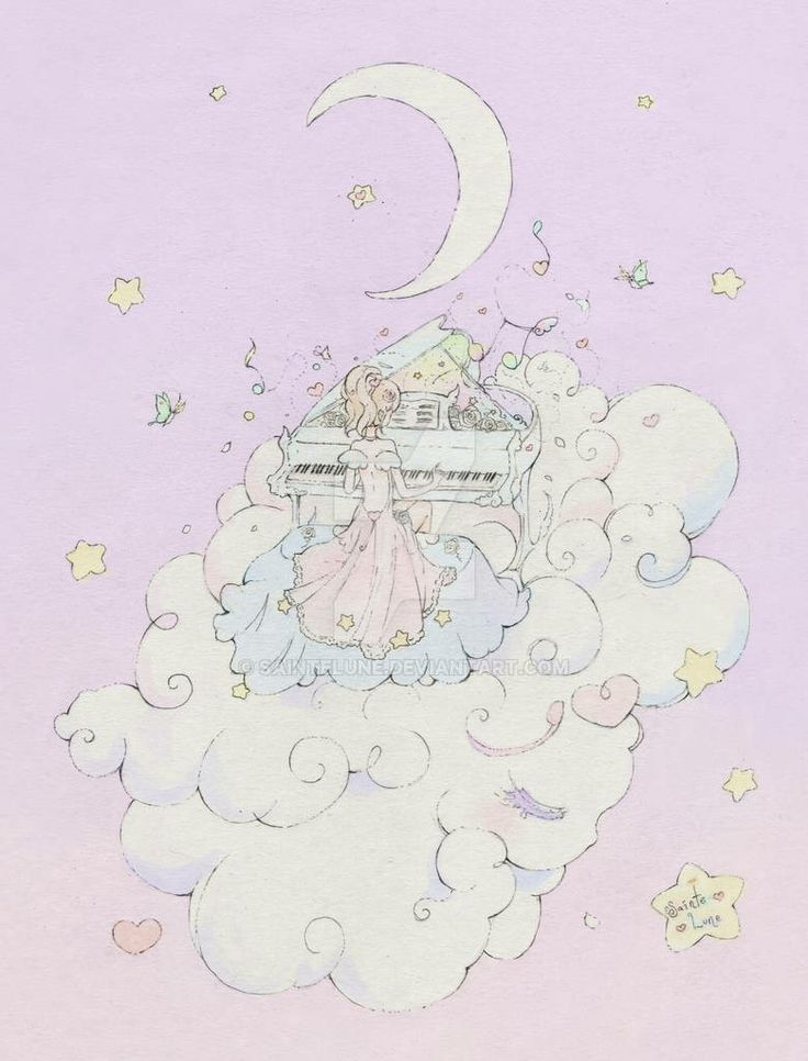 Pastel drawing of fairy on crescent moon with clouds and stars