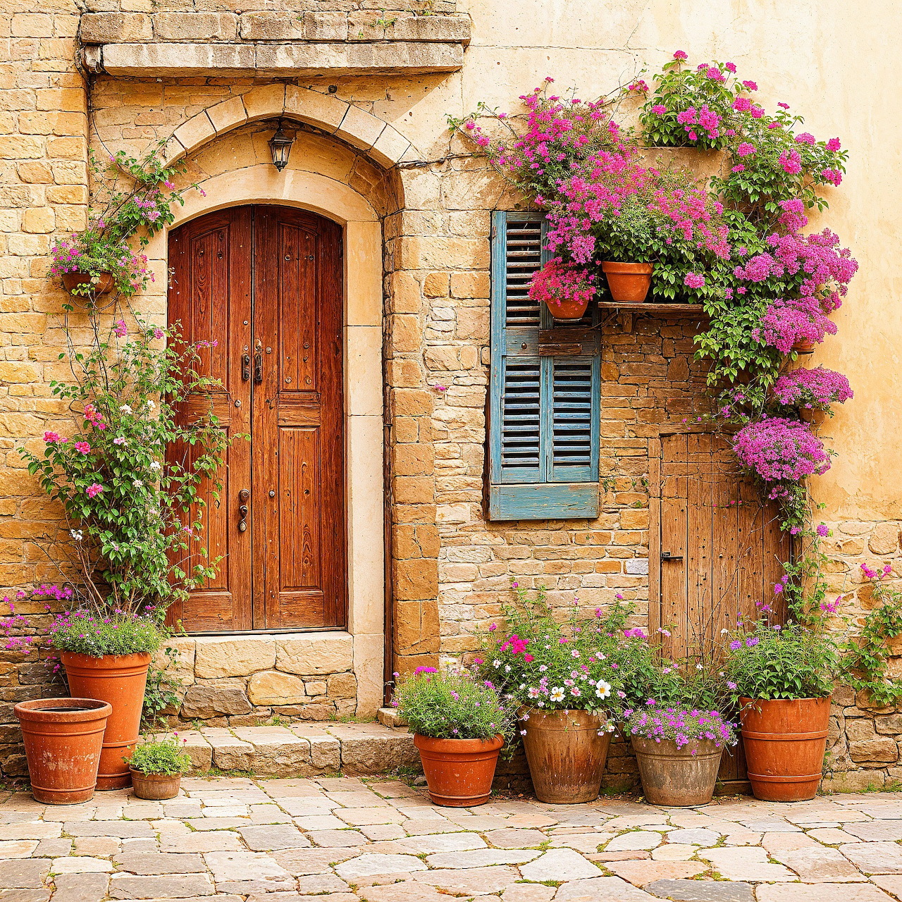 Rustic stone building with wooden door, blue shutters, and potted flowers on cobblestone pavement