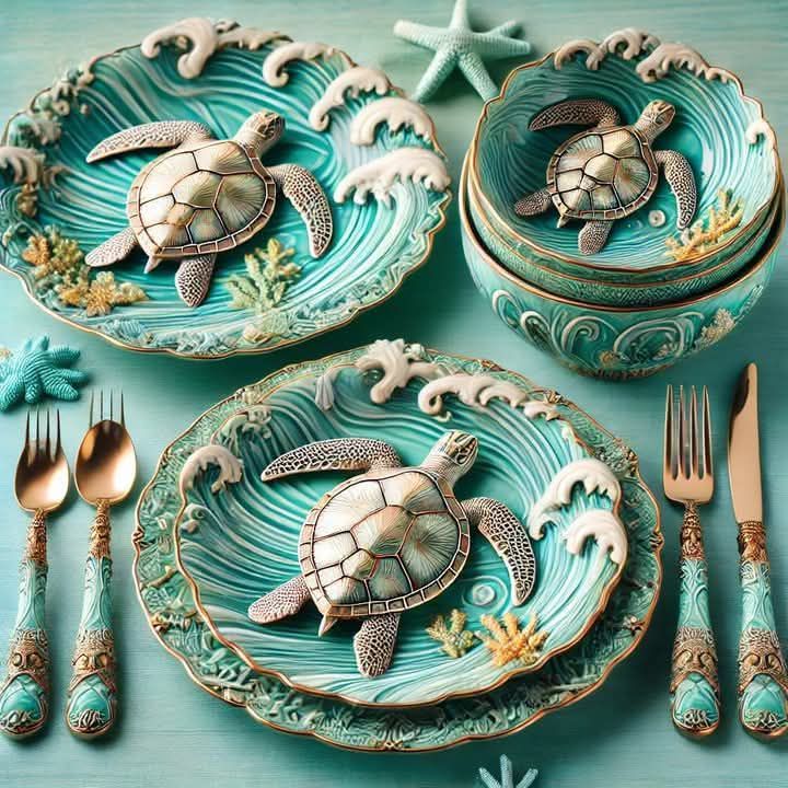 Ornate turquoise dinnerware set with gold sea turtle designs and decorative wave patterns
