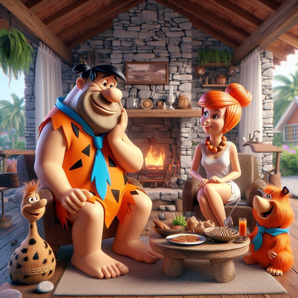 Fred and Wilma Flintstone sitting in their living room with Dino and Pebbles by a stone fireplace