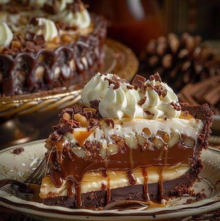 Chocolate layer cake slice with caramel drizzle, whipped cream, and chopped nuts on white plate
