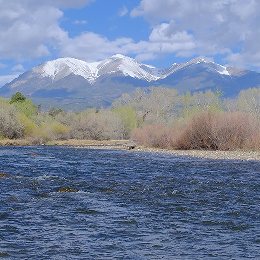 Snow-capped mountains beyond a river with brush and trees under a blue cloudy sky