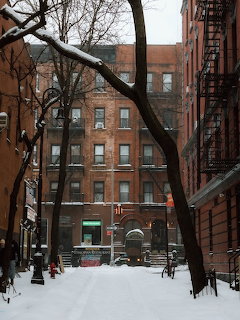 Snow-covered city street with bare trees and brick buildings on winter day