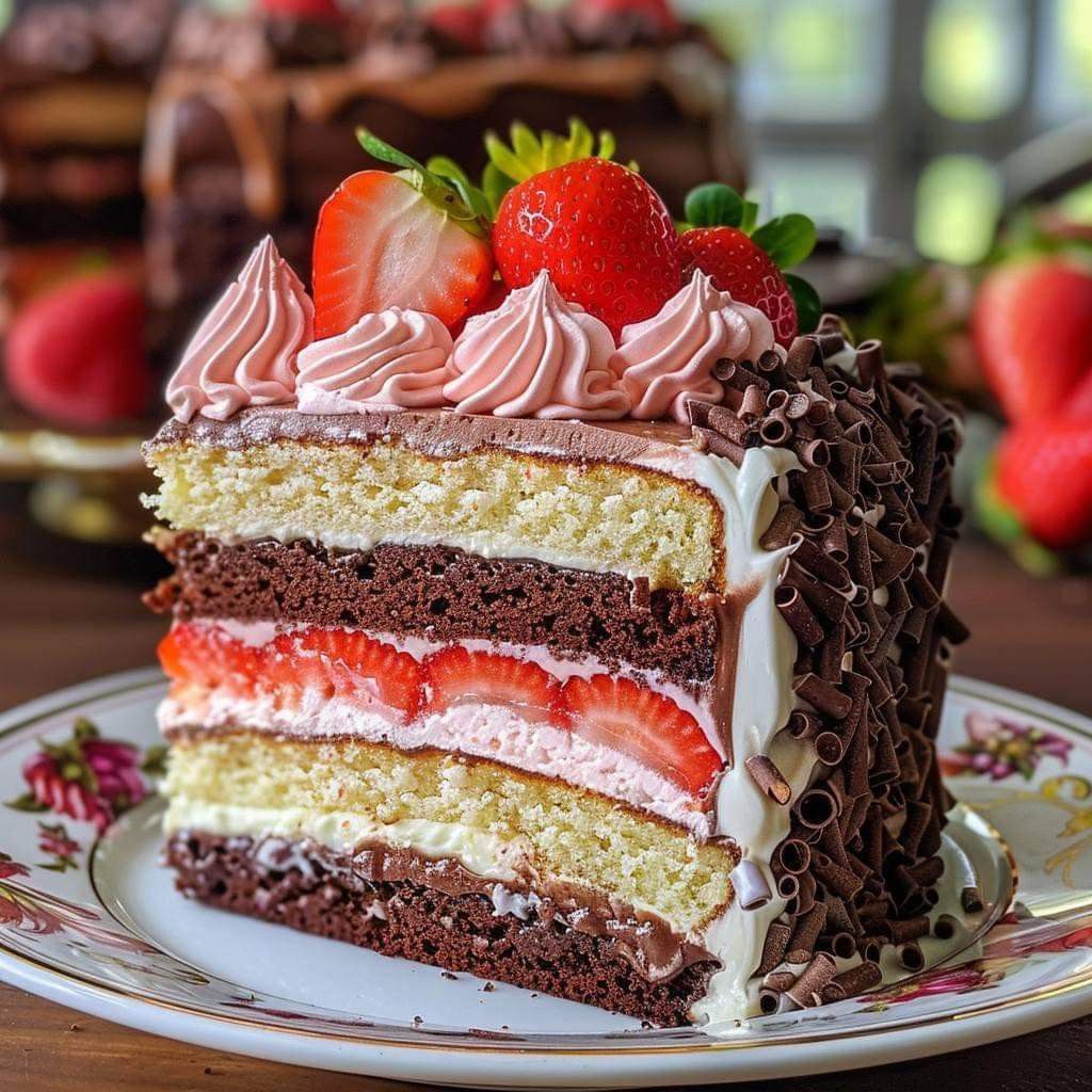 Slice of layered cake with strawberries, chocolate shavings, and pink frosting on a white plate