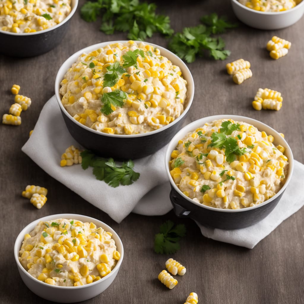 Bowls of creamy corn dip garnished with cilantro and surrounded by corn pieces