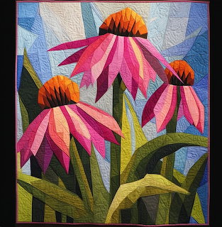 Quilted textile art showing three pink echinacea flowers with green leaves on blue background