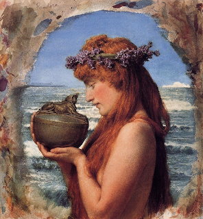 Classical painting of red-haired woman holding a pot or box with ocean waves visible behind her