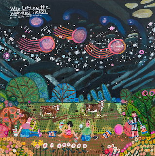 Folk art painting with swirling night sky, shooting stars, cows in colorful field with flowers and trees