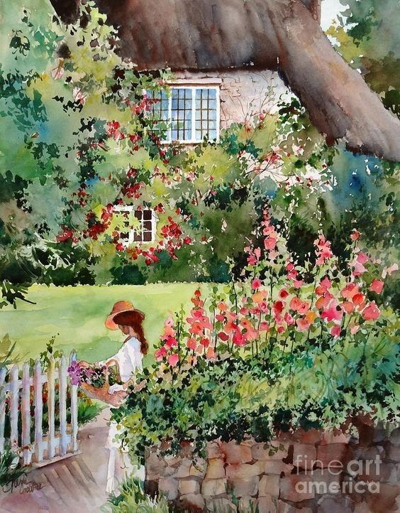 Watercolor painting of a woman picking flowers in a vibrant cottage garden with hollyhocks and thatched cottage