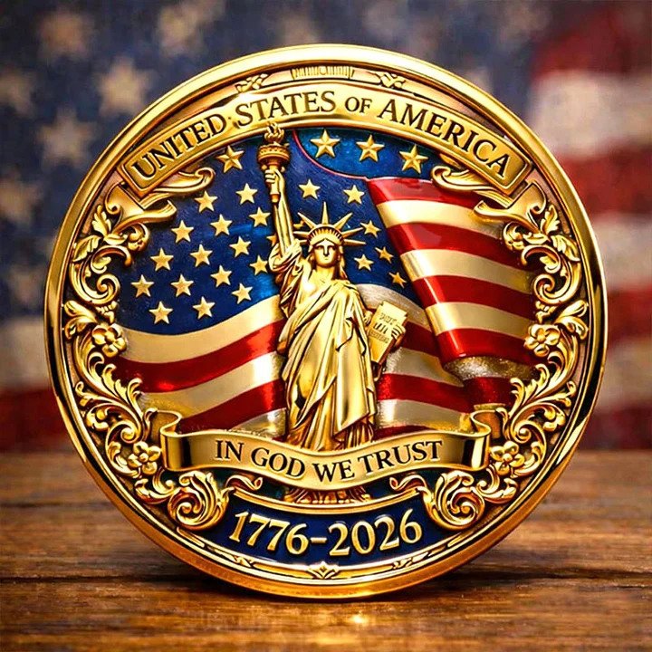 Commemorative USA 1776-2026 coin with Statue of Liberty and American flags