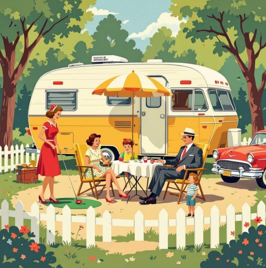 Illustrated family camping beside a yellow trailer with a table, chairs, white fence, and red classic car
