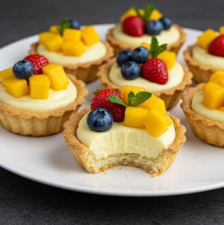 Six fruit tartlets with cream filling topped with mango, berries and mint on white plate