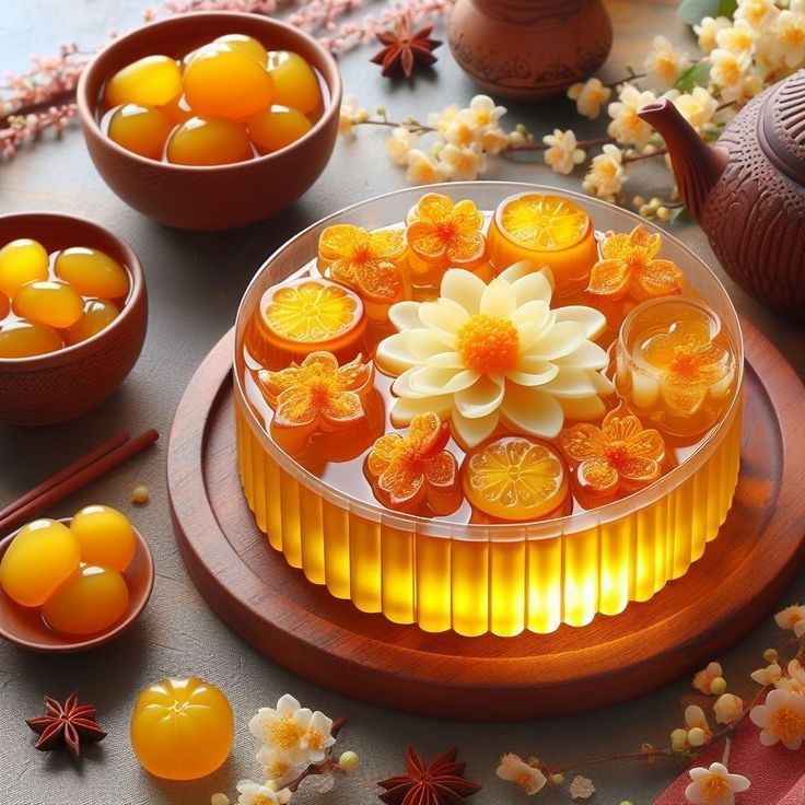 Glowing amber jelly cake topped with white flower and citrus slices, surrounded by kumquats and tea