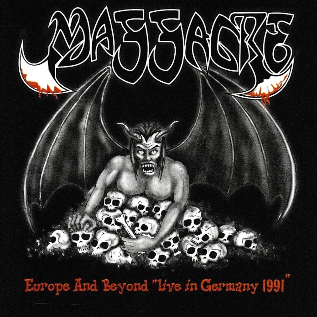 Demonic bat-winged creature emerging from pile of skulls with gothic metal band logo above