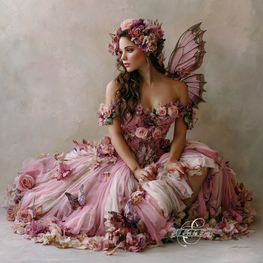 Fairy woman in a pink floral gown with wings, seated against a soft neutral background
