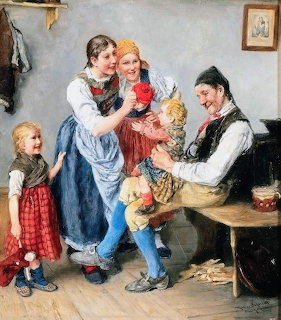 Oil painting of grandfather with family in traditional dress, rustic interior setting