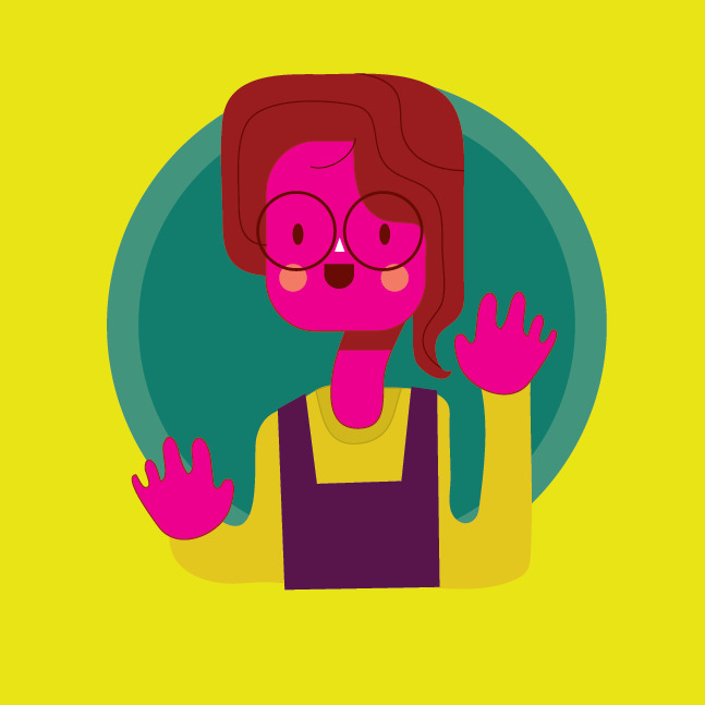 Colorful cartoon girl with glasses waving on a yellow background