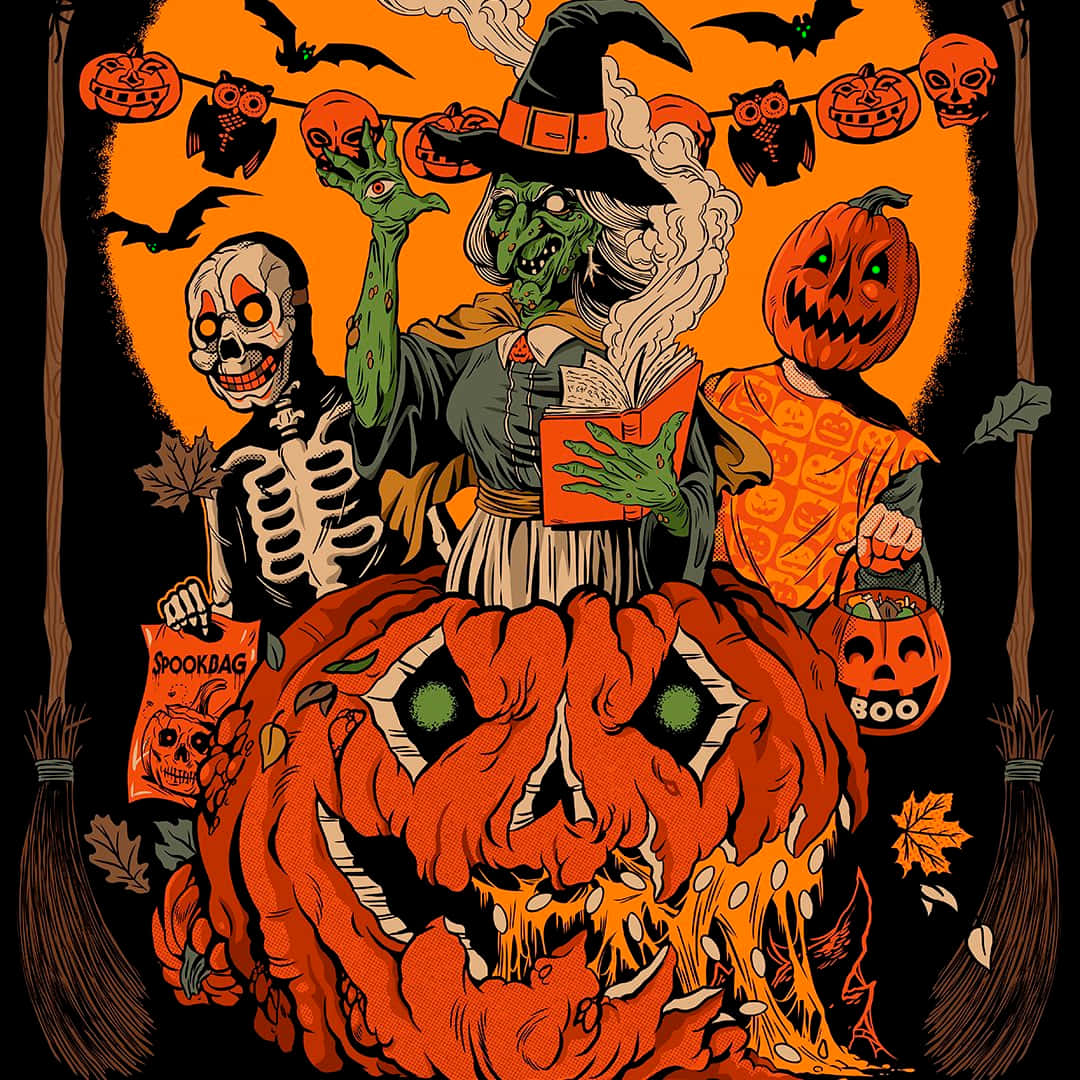 Vintage Halloween scene with a giant jack-o'-lantern, skeleton, witch, bats and pumpkins.