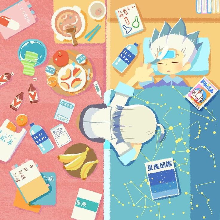 Anime characters Byakuya and Senku from Dr. Stone lying among scattered science items and snacks in colorful illustration