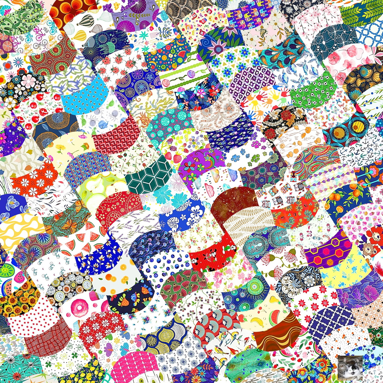 Dense colorful patchwork quilt with varied patterns and fabrics in a mosaic arrangement