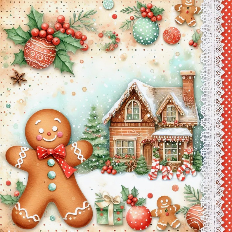 Gingerbread man cookie with cottage, candy canes, and Christmas decorations