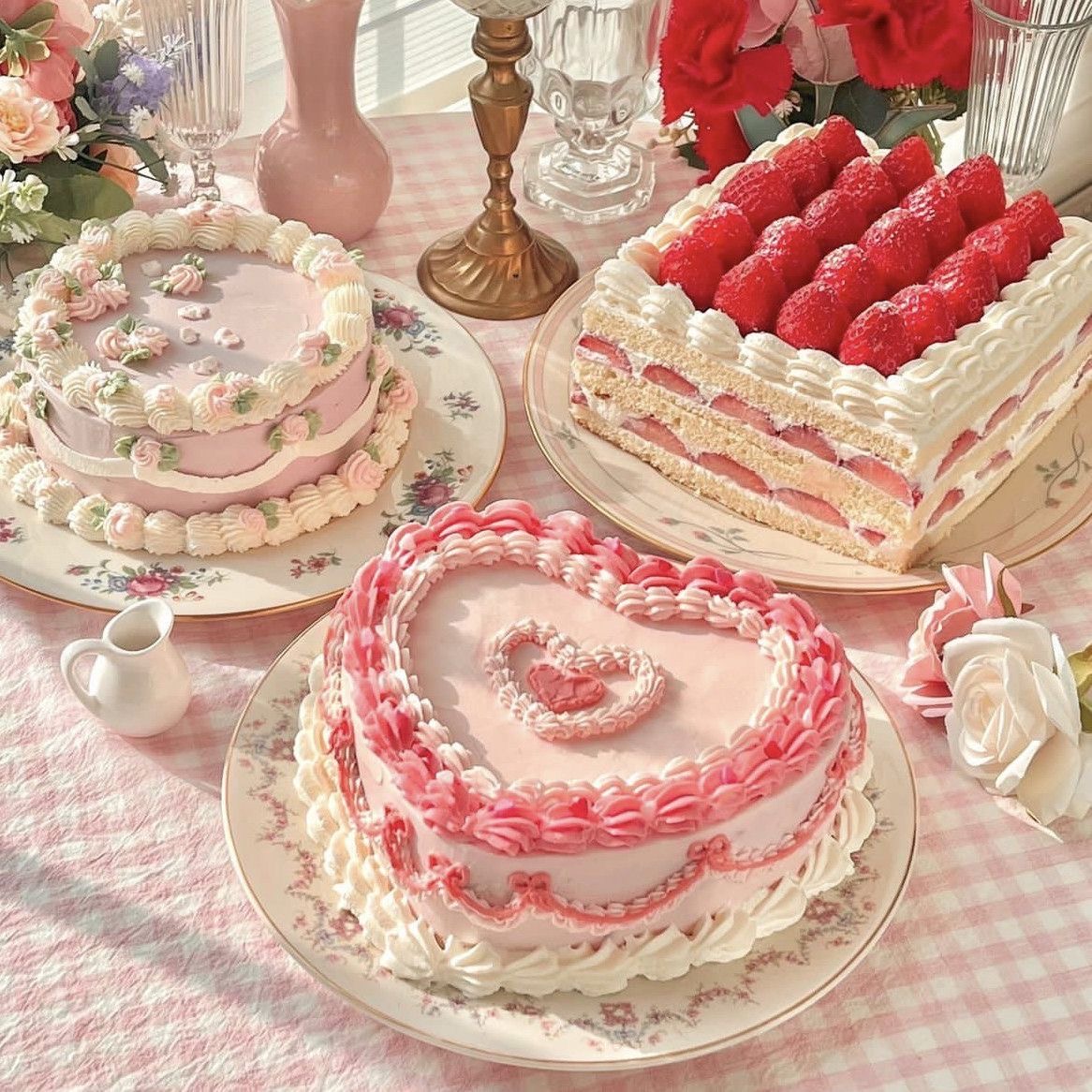 Three ornate pink and white cakes with strawberries on a gingham tablecloth, including a heart-shaped cake and layered dessert