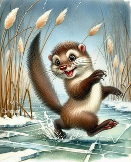 Cartoon otter with brown fur standing joyfully in water surrounded by cattail reeds