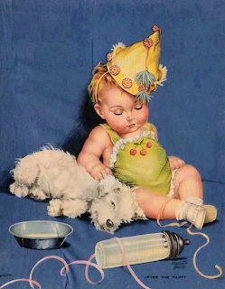 Vintage illustration of a drowsy baby in a yellow party hat sitting with a white puppy on blue background