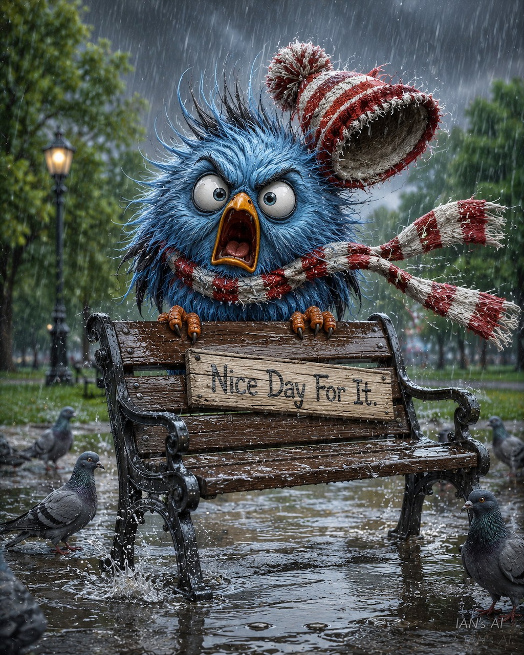 Cartoon blue bird yelling on a park bench in heavy rain with a flying hat and scarf