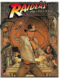 Raiders of the Lost Ark movie poster showing adventurer with fedora and whip surrounded by action scenes and ancient symbols