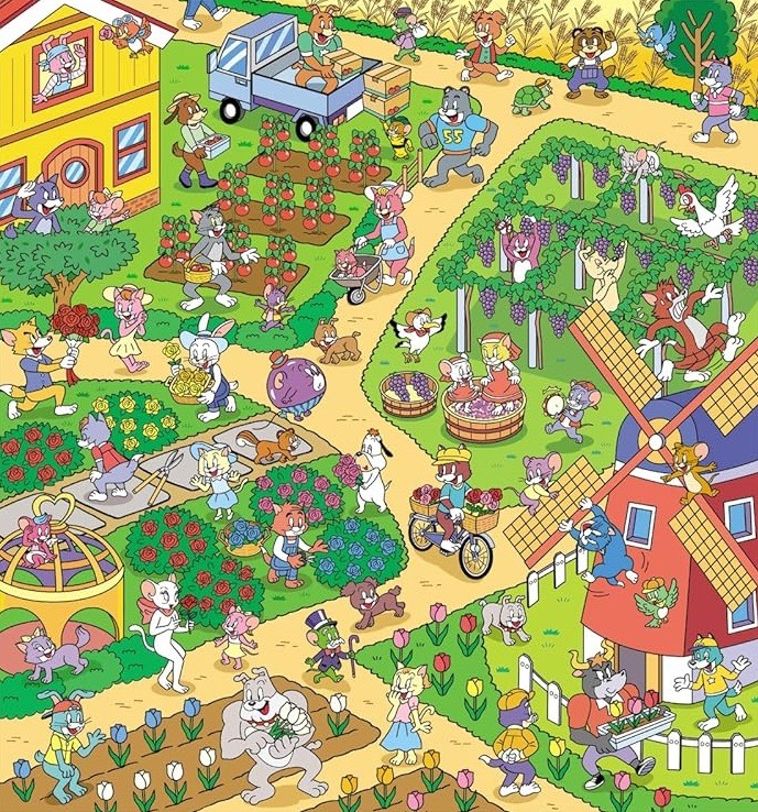 Colorful cartoon illustration of Tom and Jerry in a busy garden with vegetables, animals, and multiple characters