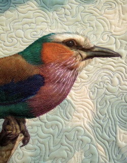 Colorful bird with orange breast and blue wings on white quilted fabric with decorative stitching patterns