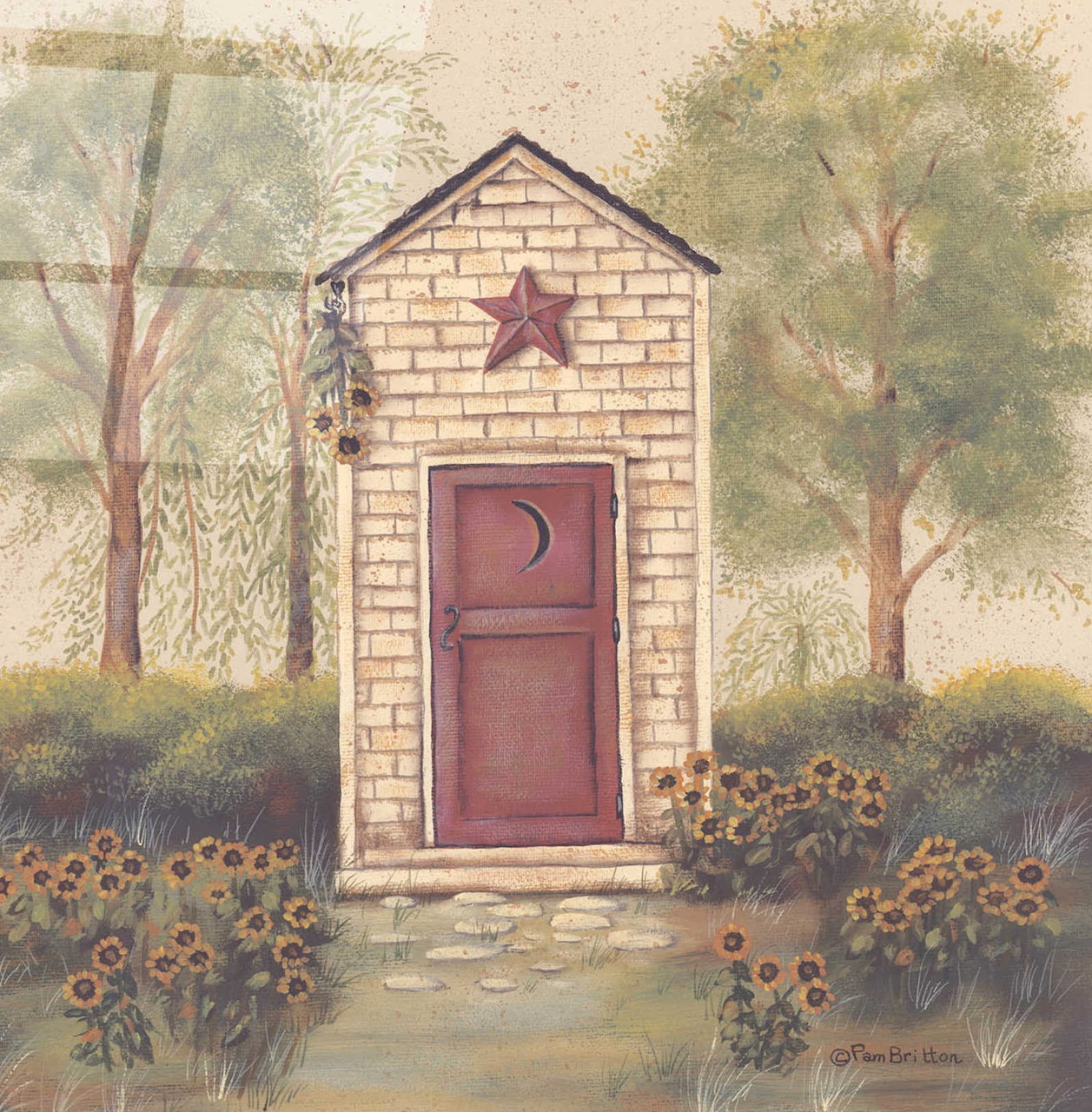 Folk art painting of a small wooden outhouse with star motif surrounded by fall flowers and trees