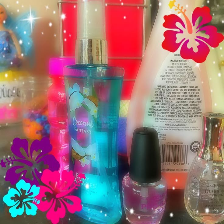 Colorful perfume, lotion, and nail polish bottles with tropical flower graphics and glowing lights