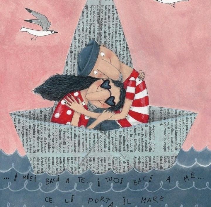 Illustration of a woman hugging a child in a paper boat on stylized waves