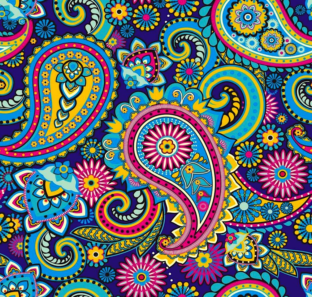 Colorful paisley pattern with swirling shapes and flowers in blue, pink, yellow, and purple on dark background
