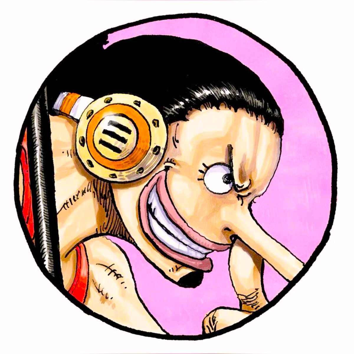 Anime character Usopp from ONE PIECE aiming slingshot, close-up portrait with pink background