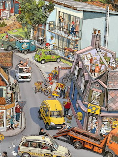 Colorful illustrated overhead view of city street with taxi, cars, pedestrians and cutaway buildings showing rooms inside