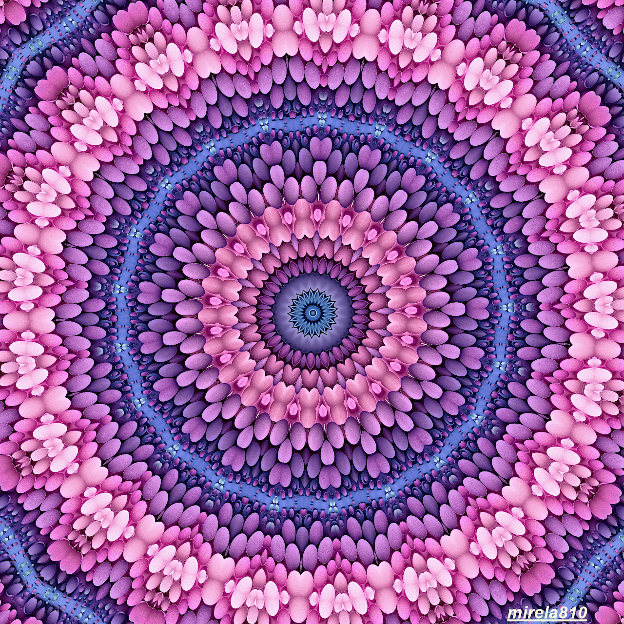 Circular mandala with pink and purple petals radiating from blue center in symmetrical pattern