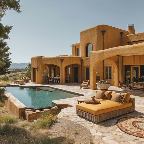 Adobe villa with turquoise pool, yellow daybed, and stone patio in a desert landscape