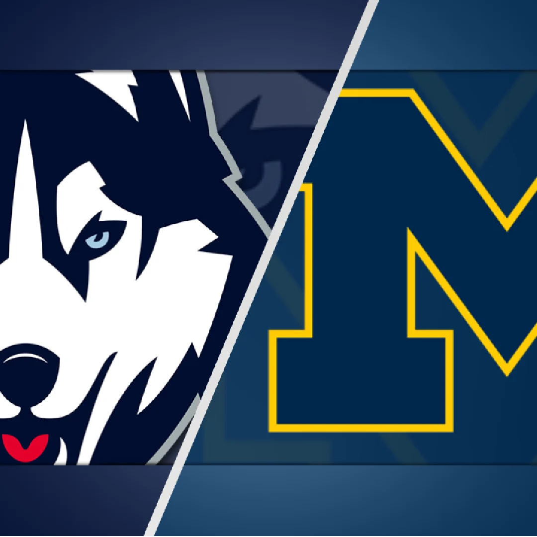 Stylized wolf head next to a large blue letter M on a dark background
