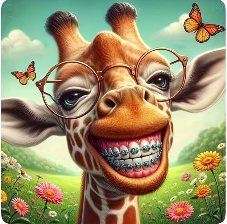 Cartoon giraffe with glasses and braces smiling in a flower field with butterflies