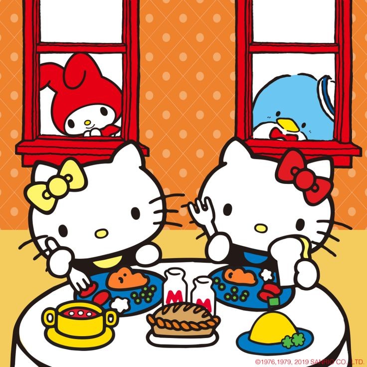 Hello Kitty and Mimy at a dinner table with food while My Melody and Tuxedo Sam peek through windows