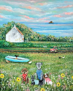 Folk art painting of white cottage near ocean with garden, flowers, striped cat, and colorful sky